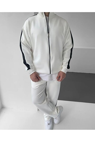 Baycombine35 Men's Scuba Fabric Zippered Tracksuit Set – White with Black Str...