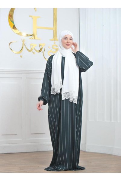 ghina hijab شرشف صلاة غنى حجاب فرسان مخطط طرحة بيضاء - زيتي