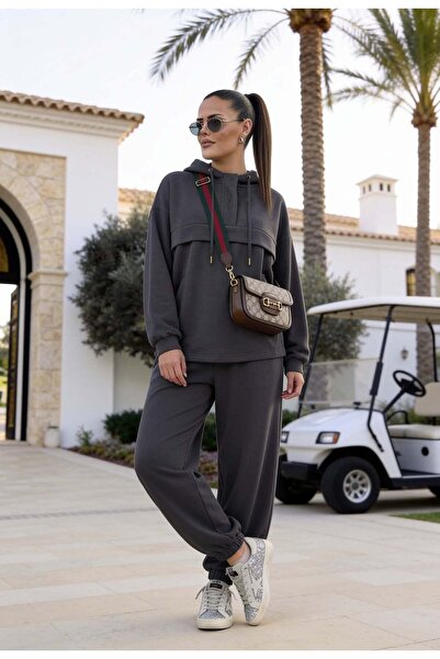 Aselim Hijap Moda Kangaroo Pocket Modal Tracksuit Set – Hooded - Anthracite Gray