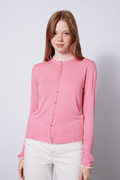 Nisan Lace-Detail Tricot Cardigan Pink