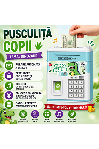 SMARTECH Pușculiță sigură pentru copii, cod PIN și amprentă digitală, Muzică,...