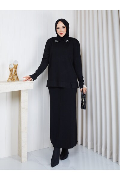 PAVENTİ Knitwear Collar and Stone-Embellished Skirt Two-Piece Set Black