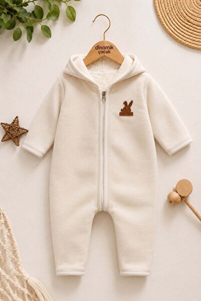 dinamik çocuk Baby Hooded Fleece Jumpsuit with Welsoft Zipper and Rabbit Deta...