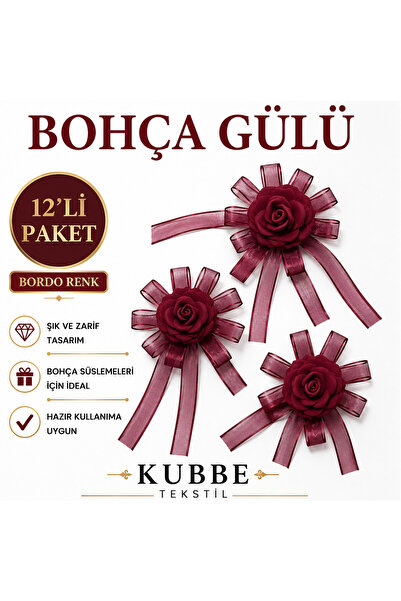 kubbe tekstil aksesuar 12’li Bordo Bohça Gülü – Hazır Kurdeleli Dekoratif Süs...