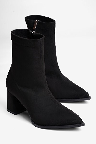 Mubiano Women's Suede Stretch Boots with Zipper, Heeled, Pointed Toe, Lena Black