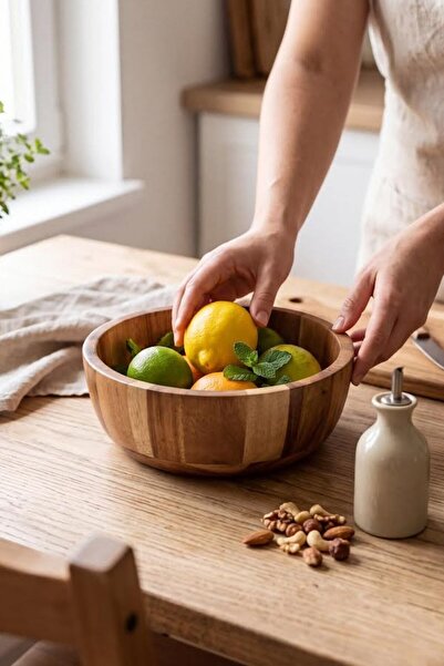 MaperaHome Orijinal Akasya Salata Bowl Kasesi El Yapımı Kase 19cm Ev Dekorasyonu