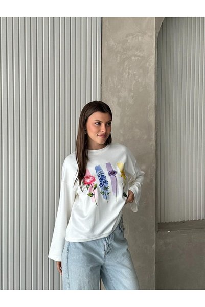 ZF BUTİK White Botanical Print Long Sleeve T-Shirt/Blouse Suitable for Hijab
