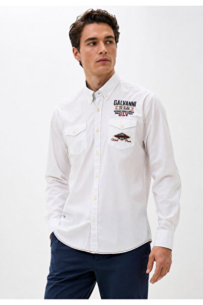 Galvanni Men's 100% Cotton White Pocket Shirt