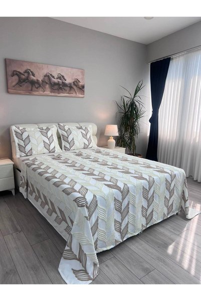 D'NISS HOME Liva 3 Parça Çift Kişilik Yatak Örtüsü Krem - Kahve