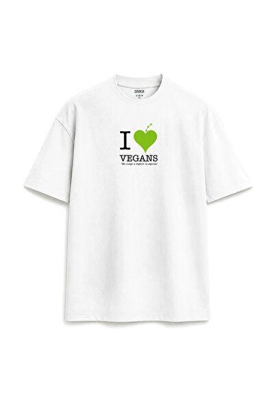 Darkia I Love Vegans Green Heart Printed Special Design Unisex White T-Shirt