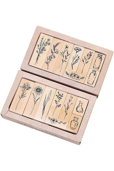 ALMEKAQUZ 16 Pcs Premium Wooden Rubber Stamps Set (8 Vintage Botanical Styles...