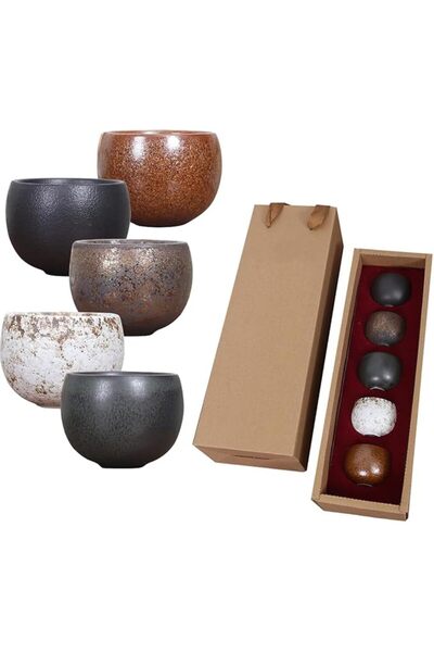 EXCEFORE Ceramic Tea Mug, 5Pcs Espresso Mugs, Five Colors Stemless Chinese Te...