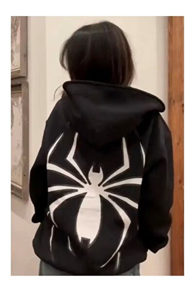 LAND MODA Big spider sweatshirt zippered cardigan - black printed oversize po...