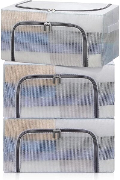 Paporich 3 Pack Clear Stackable Steel Metal Frame Clothes Storage Bins, Folda...