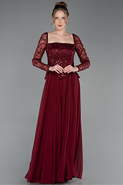 Abiyefon Bordo Pullu Kare Yaka Uzun Kol Peplum Şifon Abiye ABU6157