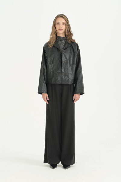 Nihan Short Leather Jacket with Pockets - Black