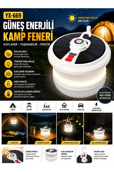 gaman Güneş Enerjili Kamp Feneri 10 metre Ledli RGB 4 Işık Modlu Asılabilir P...