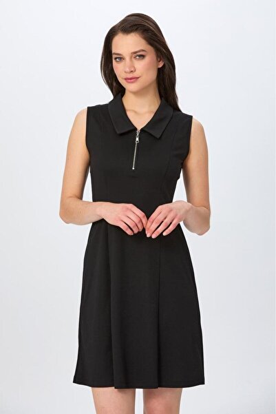 İKİLER Polo Yaka Önü Fermuarlı Kolsuz Elbise 026-2511