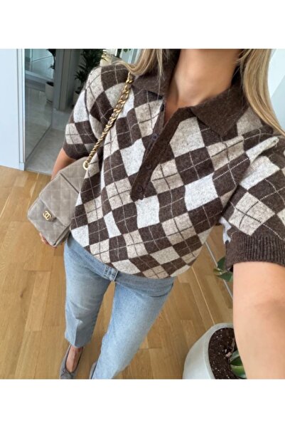 CADDELAMODA Pulover de damă cu gât polo cu model Argyle