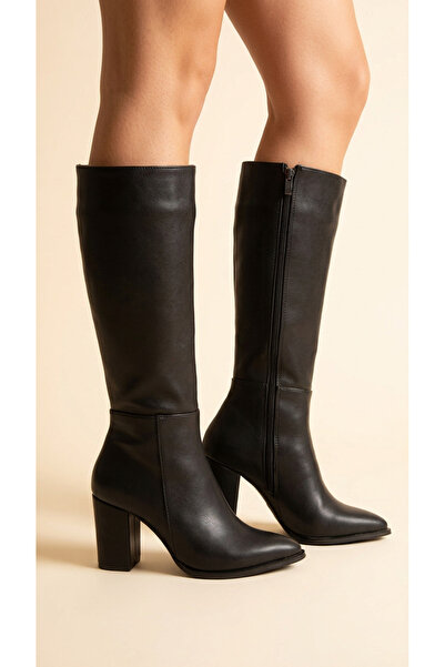 Moda Lime High Heeled Leather Look Zippered Long Women's Boots