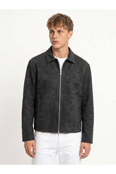 neonstore Erkek Süet Ceket Fermuarlı Regular Fit Klasik Yaka Mevsimlik Ceket