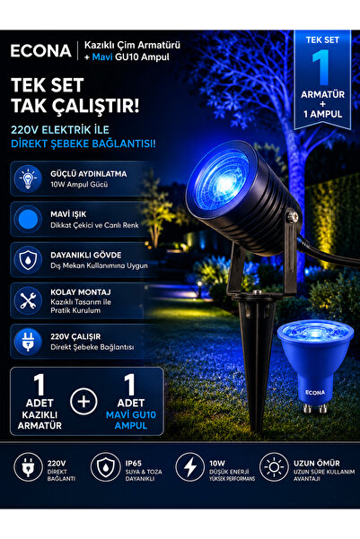 ECONA 220V MAVİ Kazıklı Çim VE Ağaç Aydınlatma Spotu,Çim Spotu,Bahçe Lambası,...