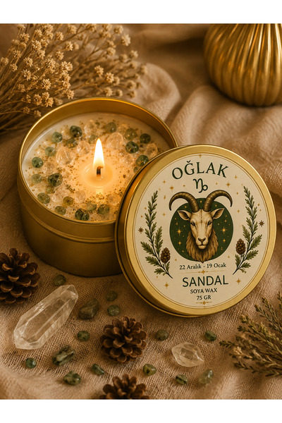 Oğlak Burcu Doğal Taşlı Soya Mum – Sandal Kokulu