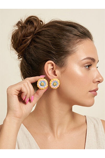 Pelin Aksesuar Yellow and Blue Color Gradient Gold Detailed Flower Earrings