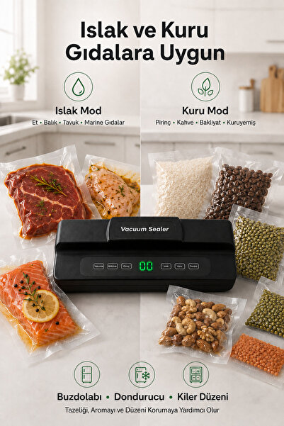 Vacuum Sealer Gıda Vakum Makinesi Rulo Hazneli Poşet Kesicili Ev ve Restoran Tipi Rulo ve Standart Poşet Hediyeli