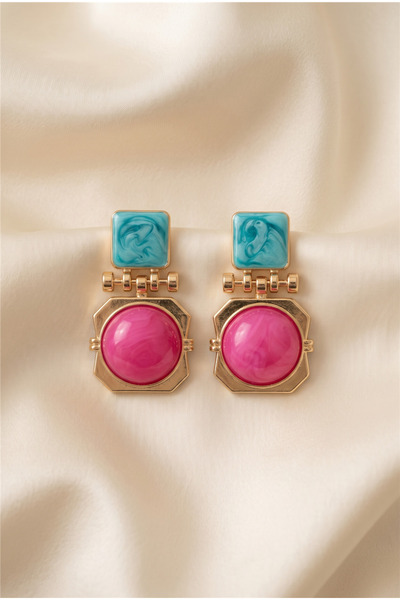 Pelin Aksesuar Blue Square and Pink Round Stone Gold Earrings