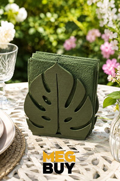 MEGBUY Monstera Yaprak Desenli Dekoratif Peçetelik – Koyu Yeşil