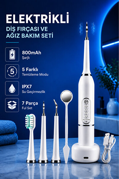 coofbe Şarjlı Diş Fırçası Diş Taşı ve Plak Temizleyici 7 Parça Ağız Bakım Seti 5 Modlu IPX7 Diş Tartar Seti