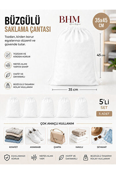 BHM 5'li Büzgülü Saklama Çantası 35X45 cm Nefes Alan Ayakkabı Kılıfı Toz Koru...