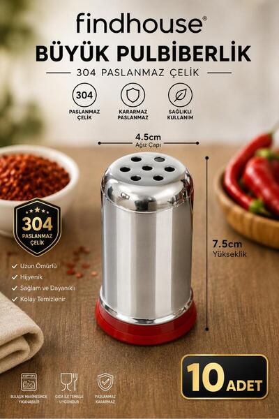 Bulika 304 Paslanmaz Çelik 10 ADET Büyük Pulbiberlik Baharatlık 4,5x7,5cm Caf...