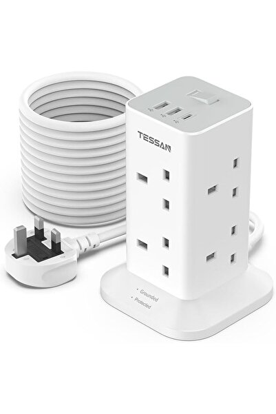 TESSAN 8 Way Tower Extension Lead 10M with 3 USB Slots