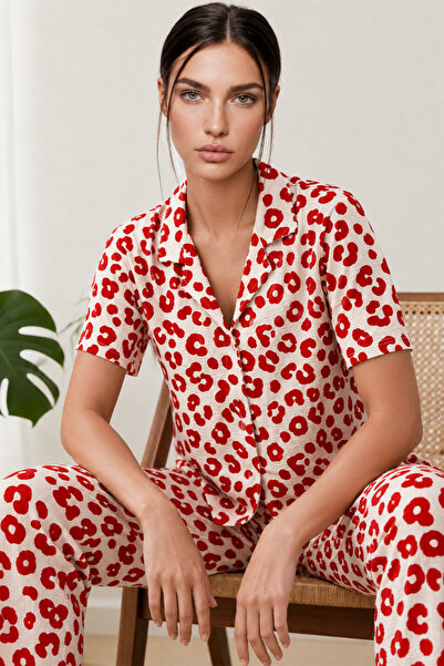 FİT WOMEN Kadın Kısa Kol Comfort Kırmızı Pijama Takımı 4725