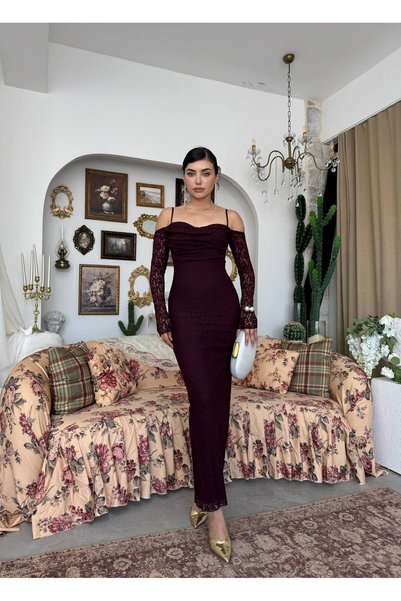 YURELİ İnce Askılı Drape Detaylı Dantel Kollu Uzun Elbise