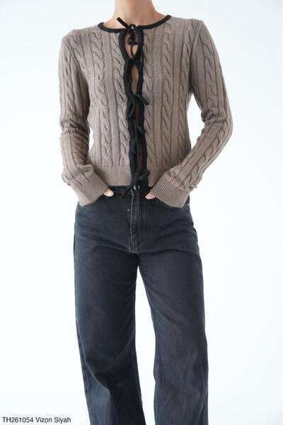Lupies Women's Mink Bow Tie Hair Knit Long Sleeve Knitwear Cardigan