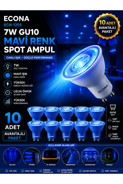 ECONA 10 ADET --7W MAVİ Işık GU10 Duy Led Spot Ampul ,Dekoratif Mavi Renk Yan...