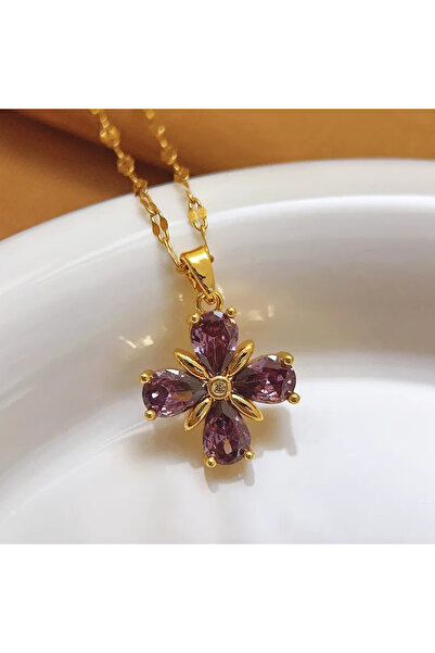 Peach Jewelry Peach Jewerly Μενταγιόν Σταυρός Από Χάλυβα Τιτανίου Με Ζιργκόν Μωβ