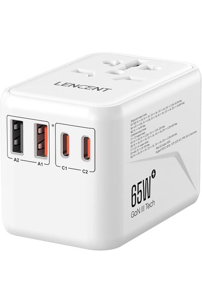 LENCENT محول سفر عالمي، شاحن دولي GaN3 بقوة 65 واط، أبيض اللون