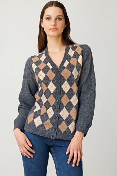 Desen Triko Women's V-Neck Cardigan with Diamond Pattern on the Front, Smoked...