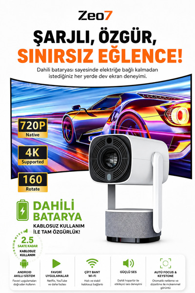 Zeo7 K2 Akıllı Projeksiyon Android 11 WiFi 6 Bluetooth 5.0 FULL HD 4K Destekl...