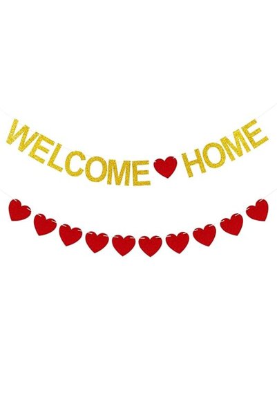 AZONEE Gold Glitter Welcome Home Banner - Pre-Assembled Heart Garland Banner ...