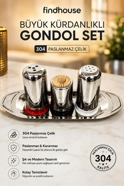 Bulika 304 Paslanmaz Çelik Büyük Kürdanlıklı Gondol Set Baharatlık Kebapçı , ...