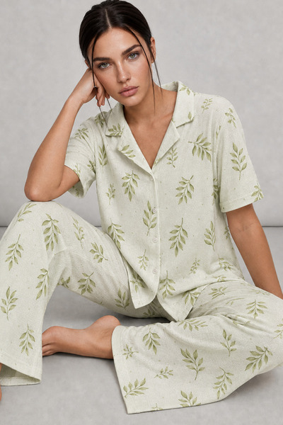 FİT WOMEN Women's Short-Sleeved Patterned Green Pajama Set 4733