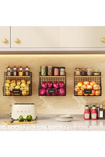 GENERAL 3 Pack Fruit Basket for Kitchen with Wood Lid - Counter&Wall Mounted ...