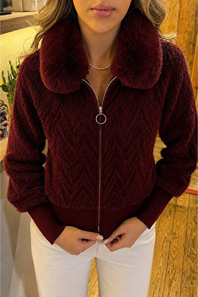 DAĞON'S Fur Collar Women's Knitwear Beard Cardigan