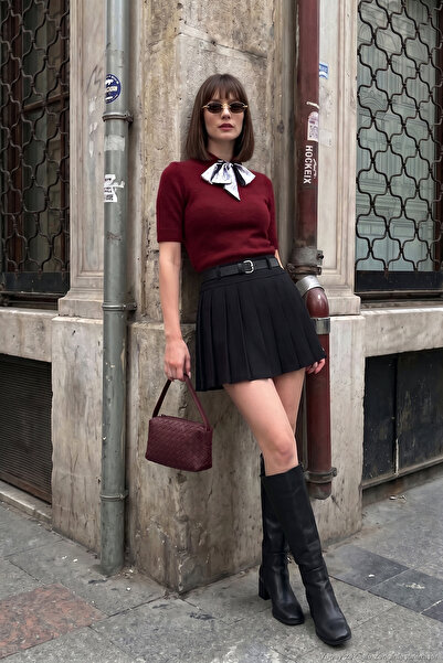 Lela Kemer Detaylı Pileli Mini Şort Etek Kadın ŞORT ETEK 5867046