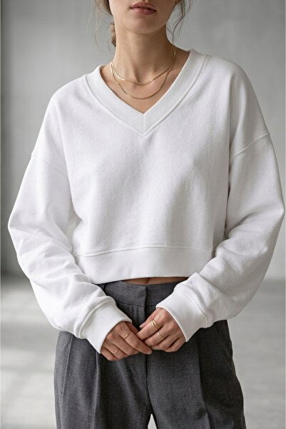 FUWEAR Women's V-Neck Crop Oversize Sweatshirt